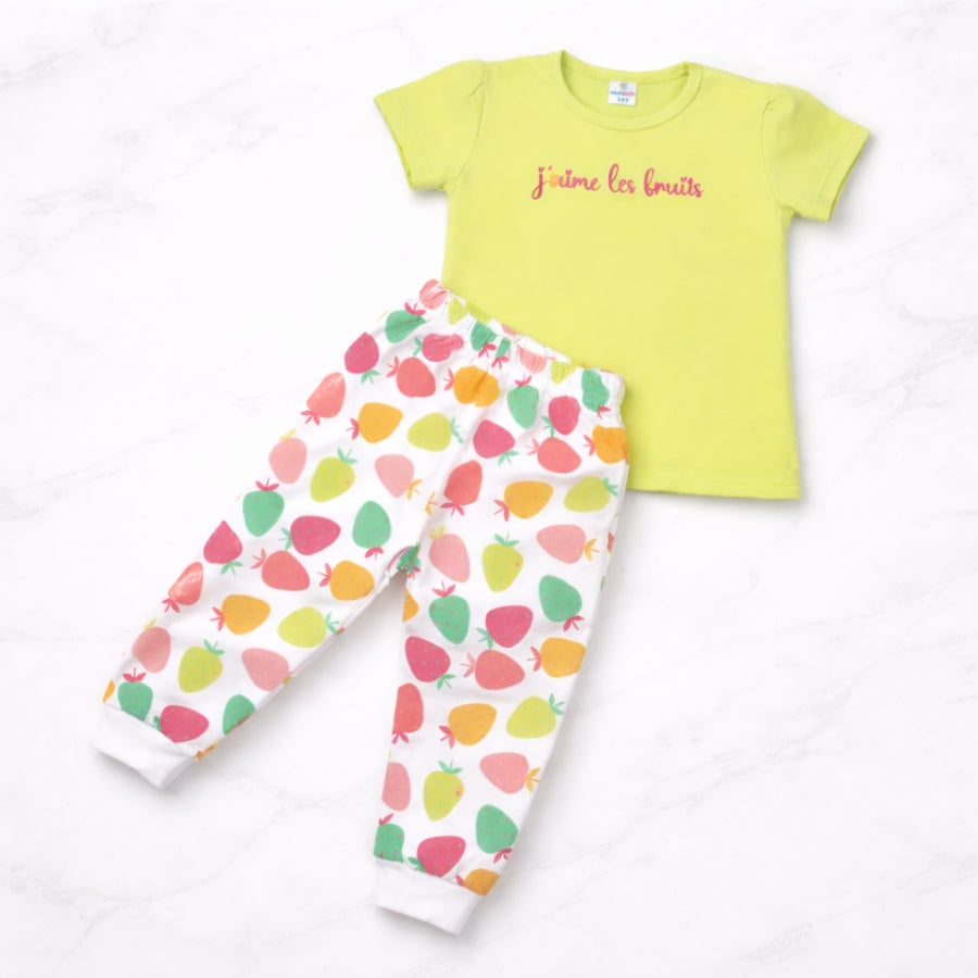 Girls Strawberry Print Pants with Lime T-Shirt Outfit