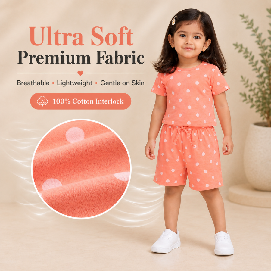 Coral Polka Dot Printed T-Shirt & Shorts Set for Girls