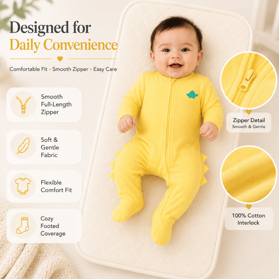 Baby Full Sleeve Yellow Zipper Romper with Cute Dino Design