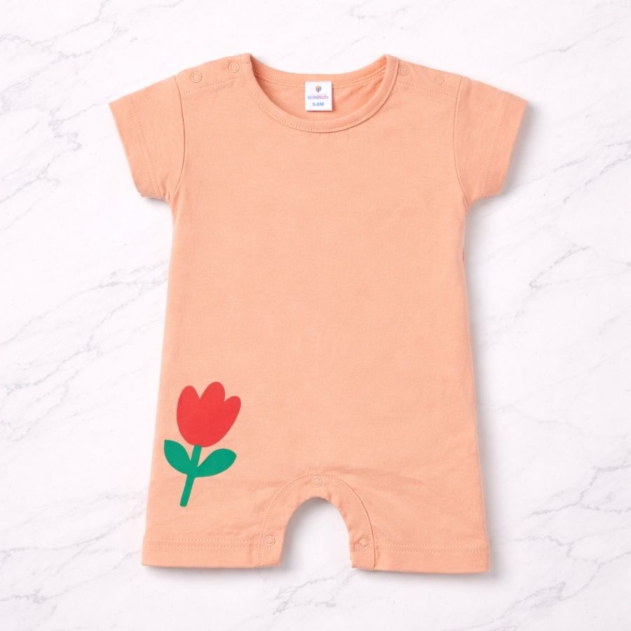 Peach Floral Print Romper with Snap Closure