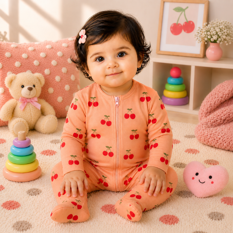 Peach Cherry Print Baby Cotton Zip-Up Romper