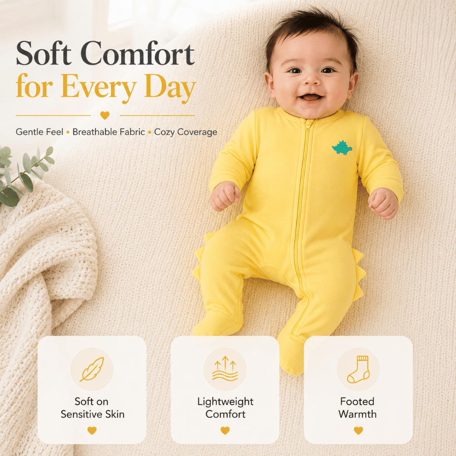 Baby Full Sleeve Yellow Zipper Romper with Cute Dino Design