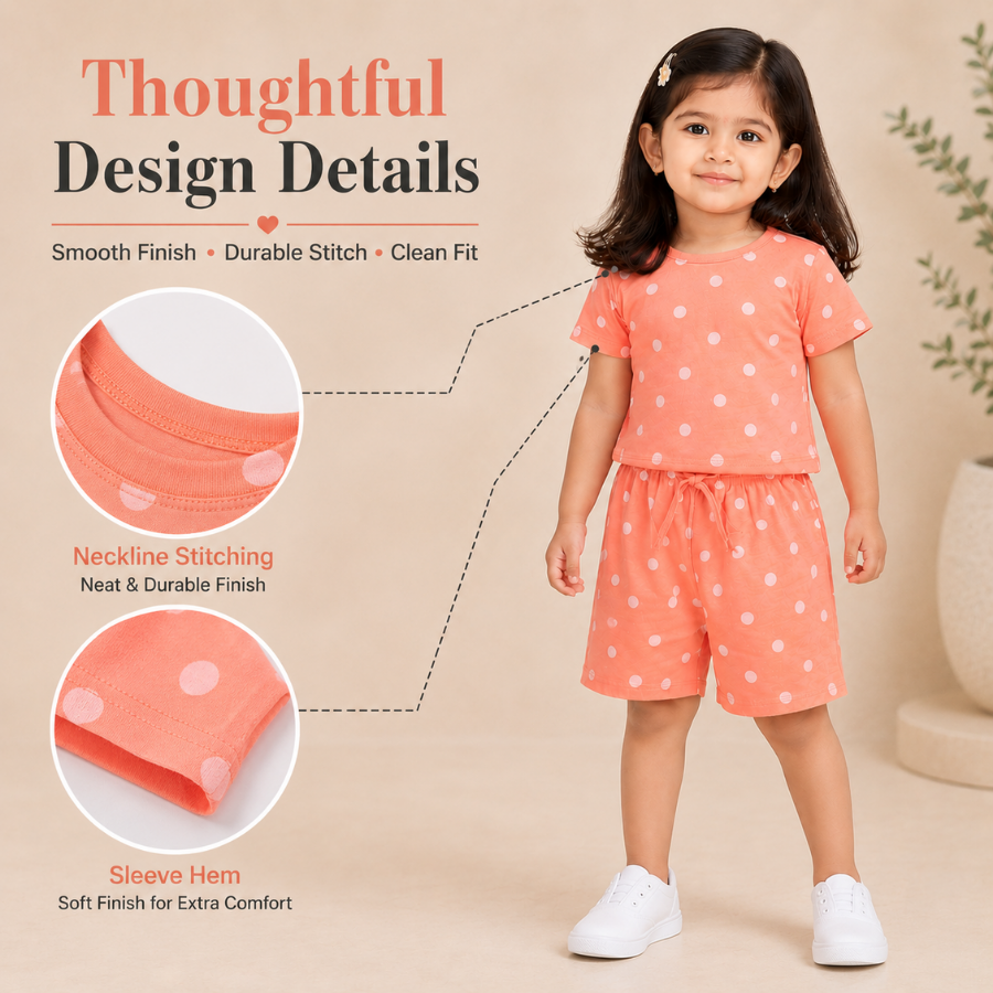 Coral Polka Dot Printed T-Shirt & Shorts Set for Girls