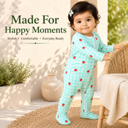 Baby Cotton Zip Style Romper Set (Pack of 3) – Cherry Print & Strawberry Mint Check