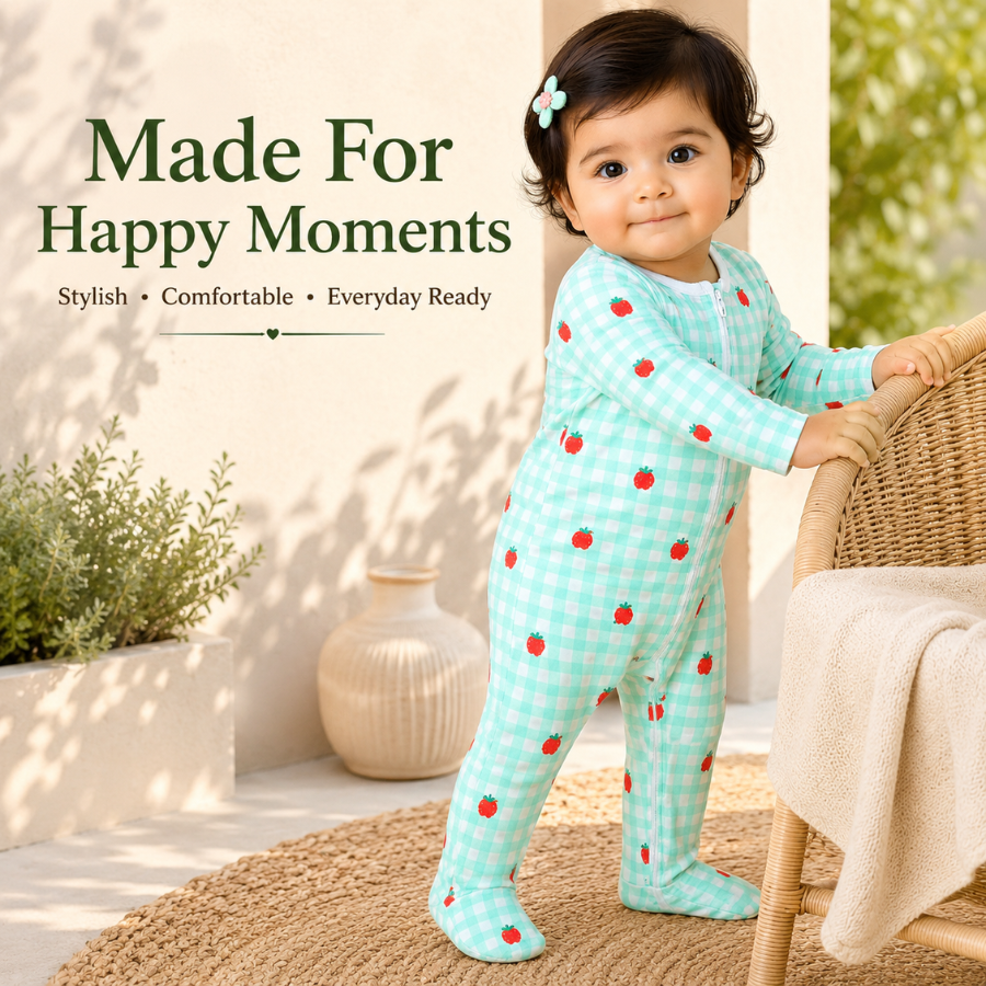 Baby Cotton Zip Style Romper Set (Pack of 3) – Cherry Print & Strawberry Mint Check