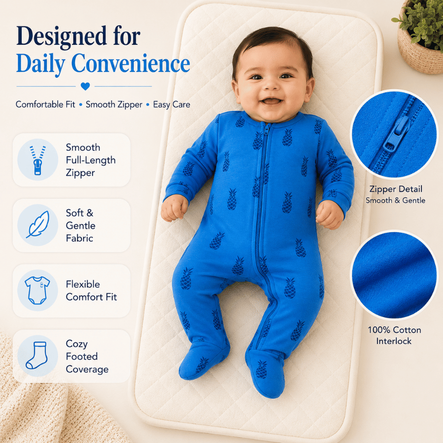 Blue Pineapple Print Baby Romper with Zip Closure
