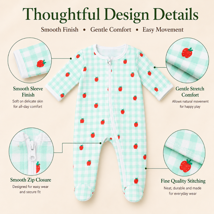 Baby Strawberry Print Cotton Zipper Romper – Mint Check