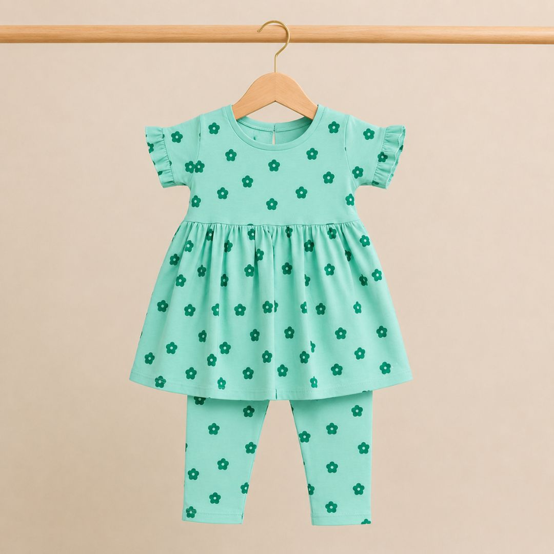 Cute Flower Print Dress With Leggings Set-Green