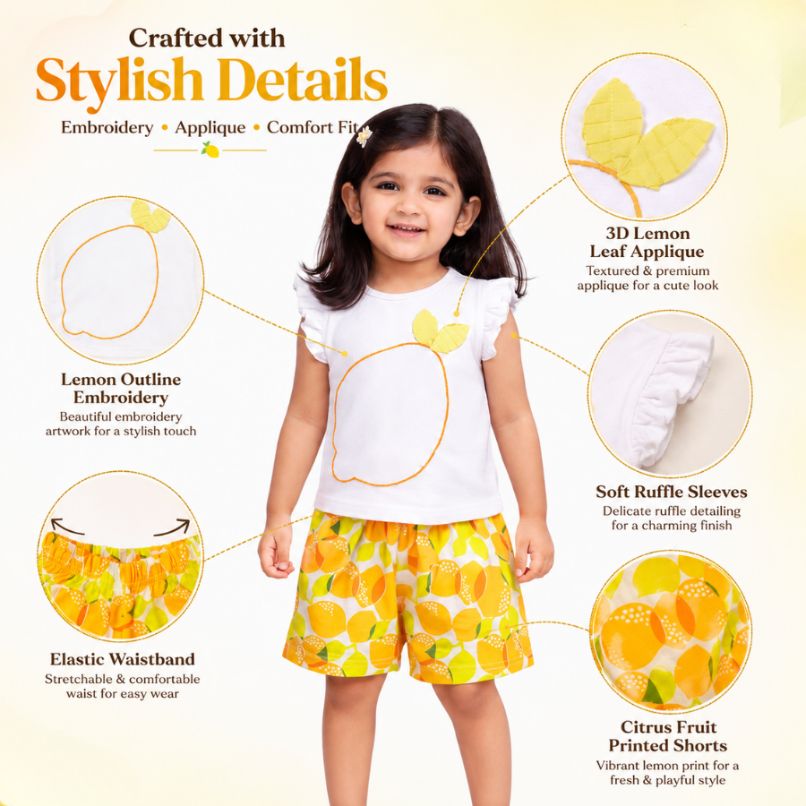 White Lemon Print Top & Shorts Set for Girls
