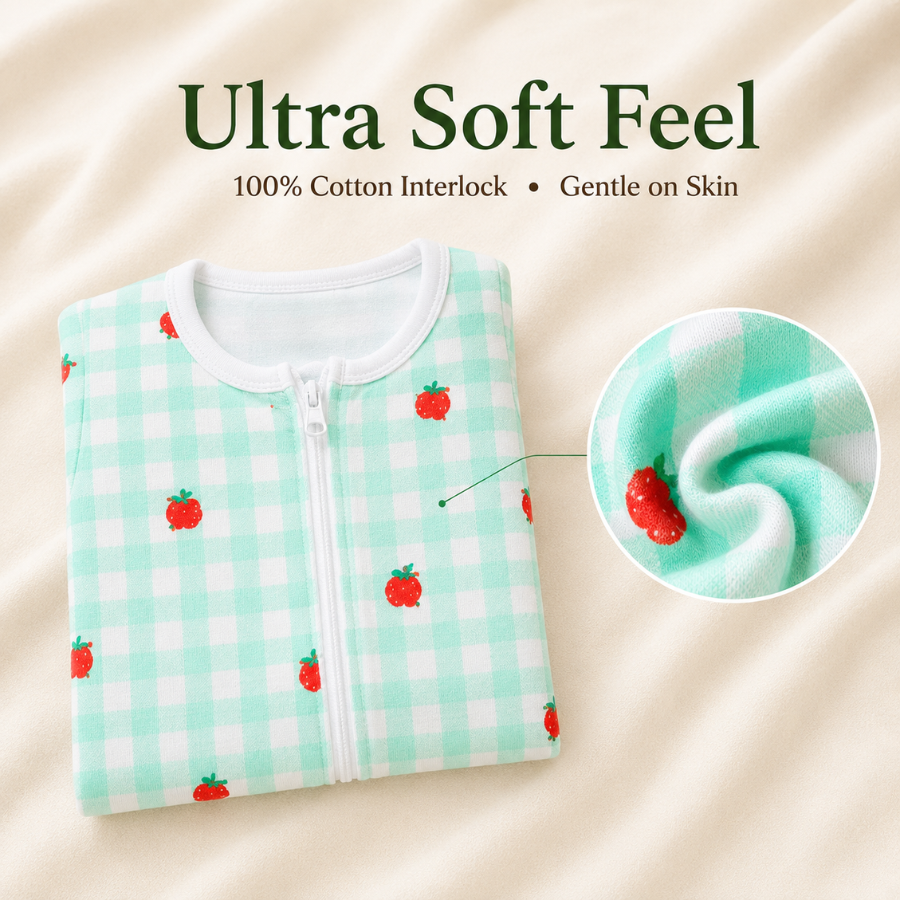 Baby Strawberry Print Cotton Zipper Romper – Mint Check