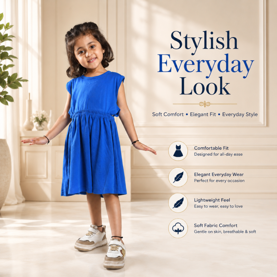 Royal Blue Solid Sleeveless Style Dress For Girls