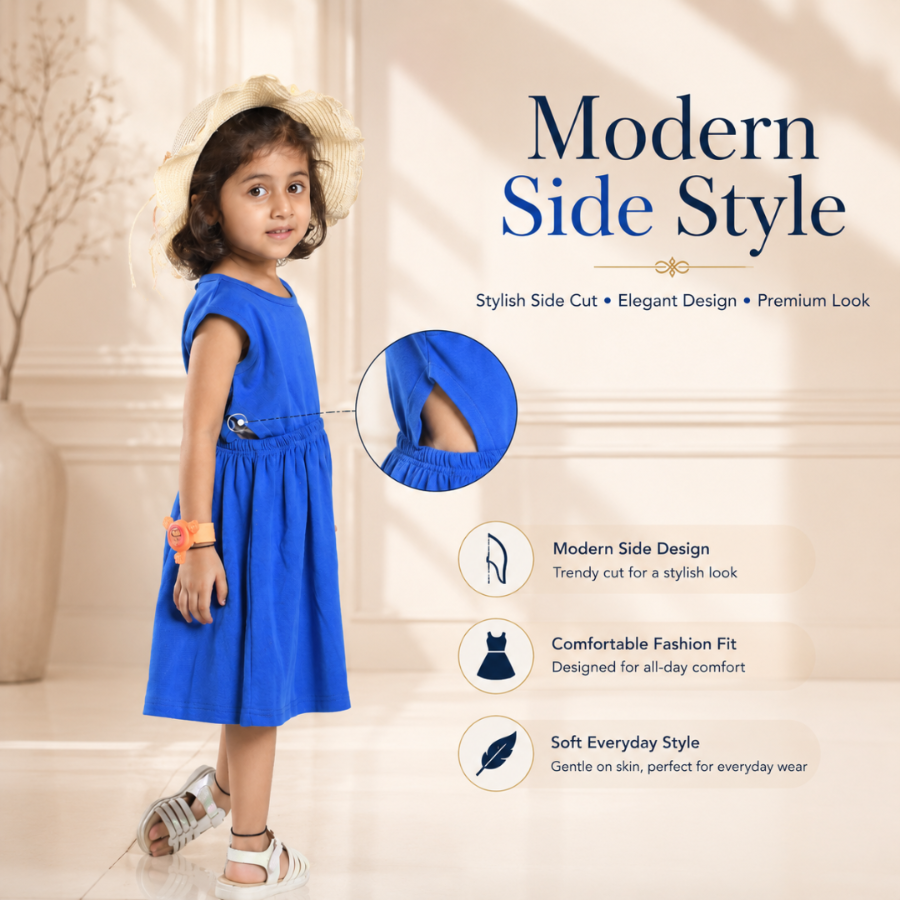 Royal Blue Solid Sleeveless Style Dress For Girls