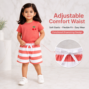 Coral Cherry Print T-Shirt & Shorts Set For Girls