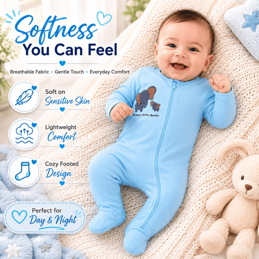 Baby 100% Cotton-Interlock Elephant Print Light Blue Full Sleeve Romper With Zipline