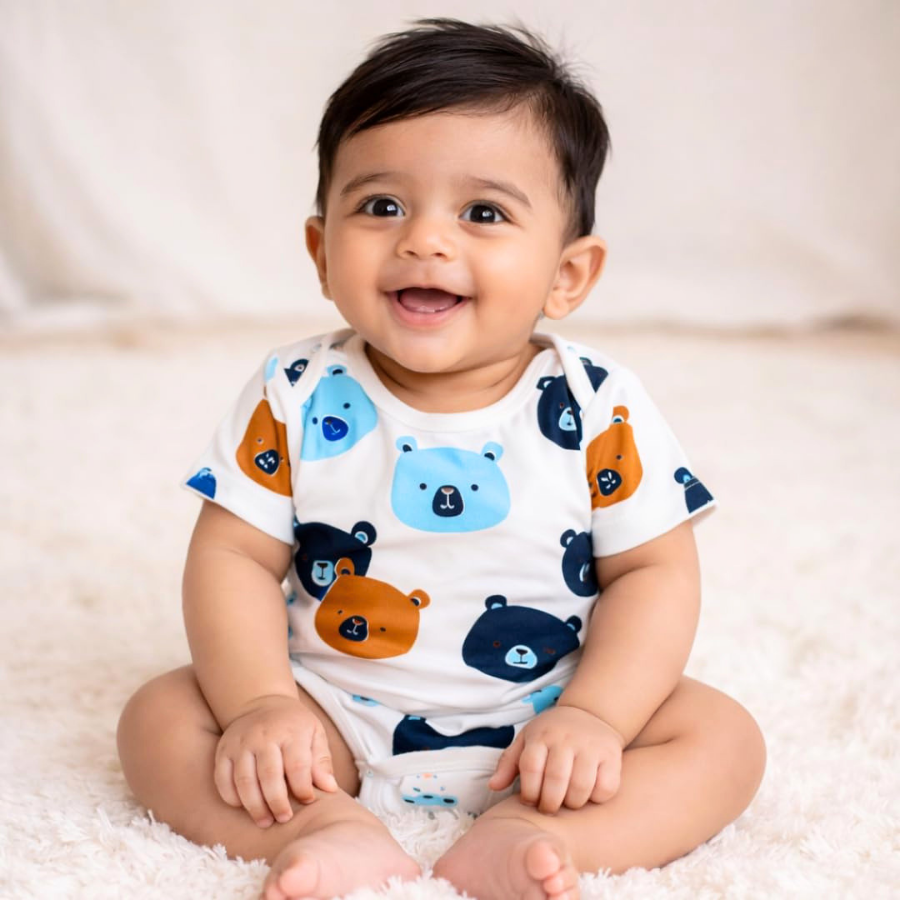 Baby Cotton Bear & Stripes Printed Rompers Set (Pack of 3)