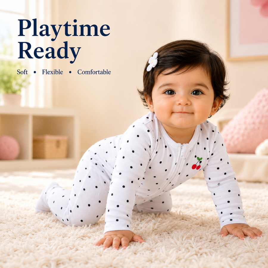 White Cherry Print Baby Cotton Zip-Up Romper