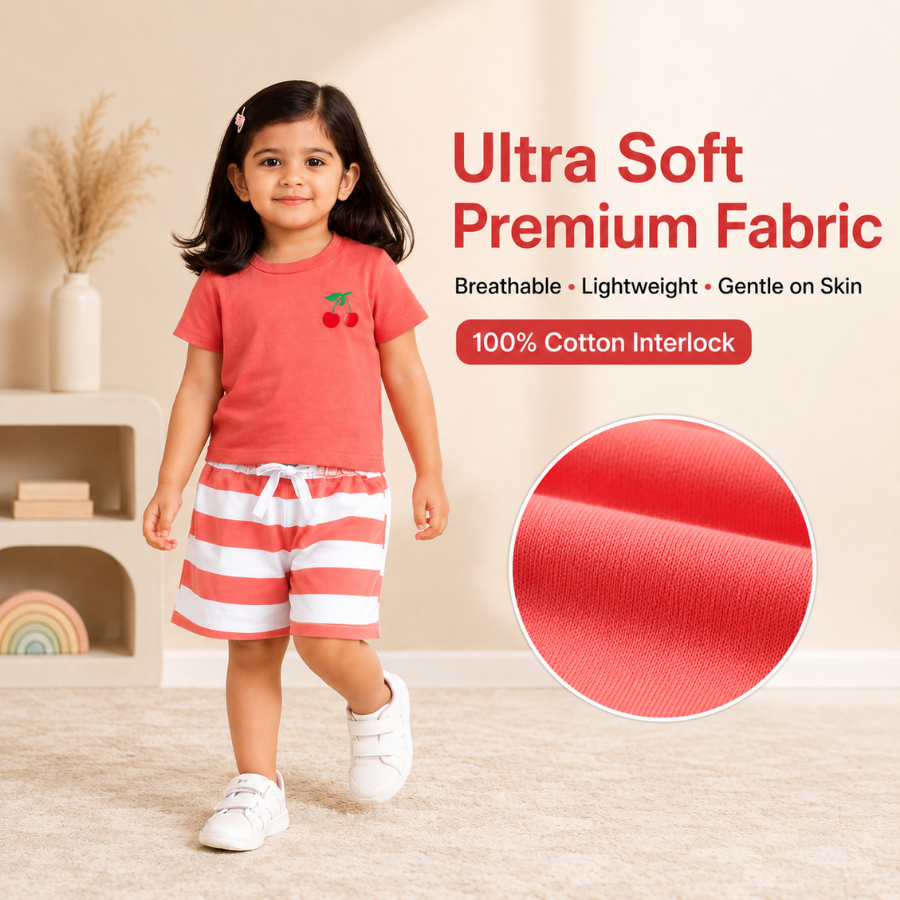 Coral Cherry Print T-Shirt & Shorts Set(Pack Of 2)