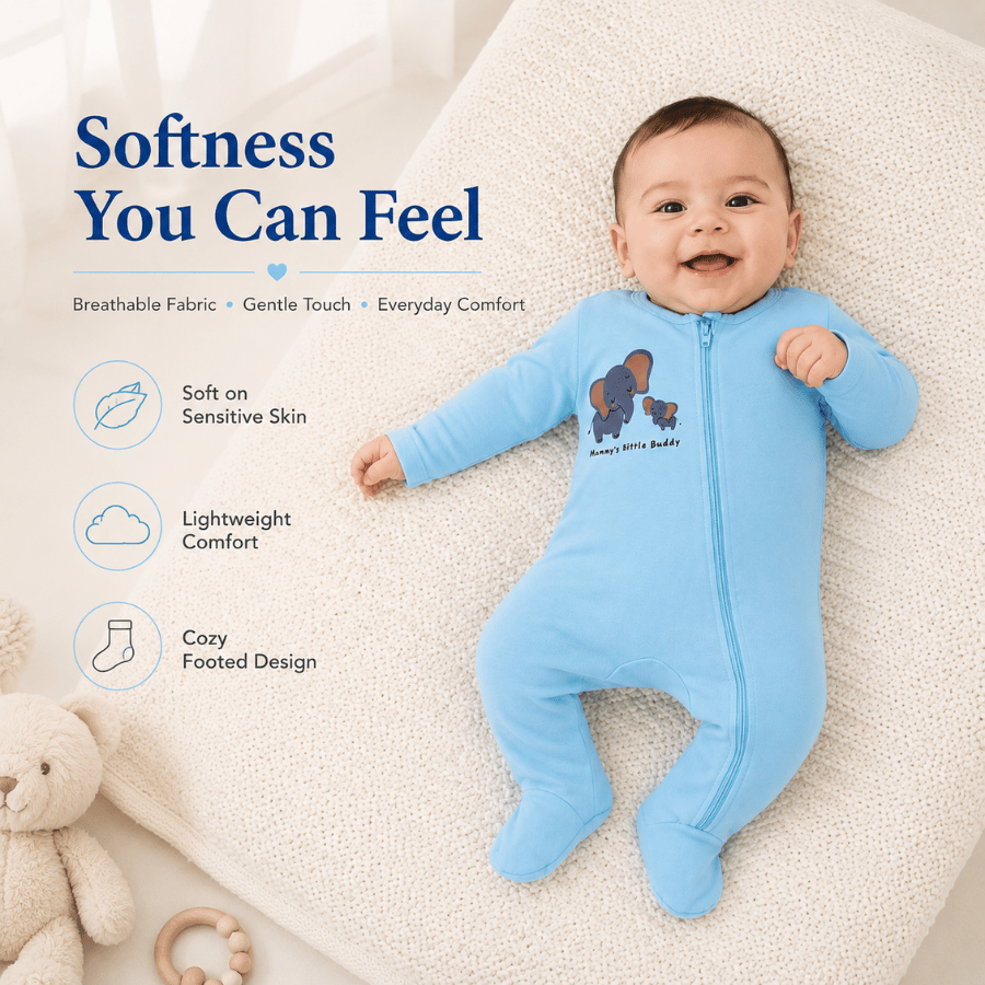 Baby 100% Cotton-Interlock Elephant Print Light Blue Full Sleeve Romper With Zipline