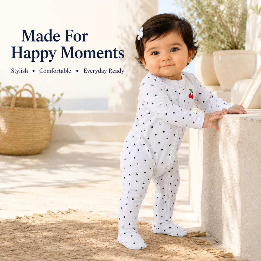 White Cherry Print Baby Cotton Zip-Up Romper