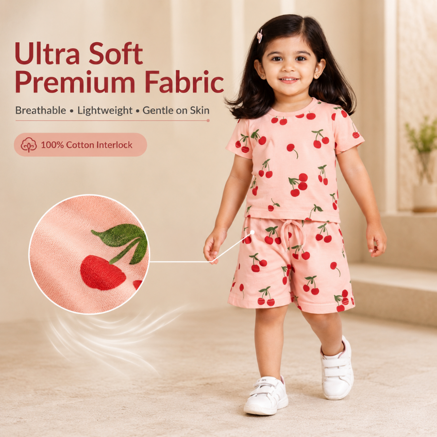 Cherry Print Co-ord Style T-Shirt & Shorts Set For Girls