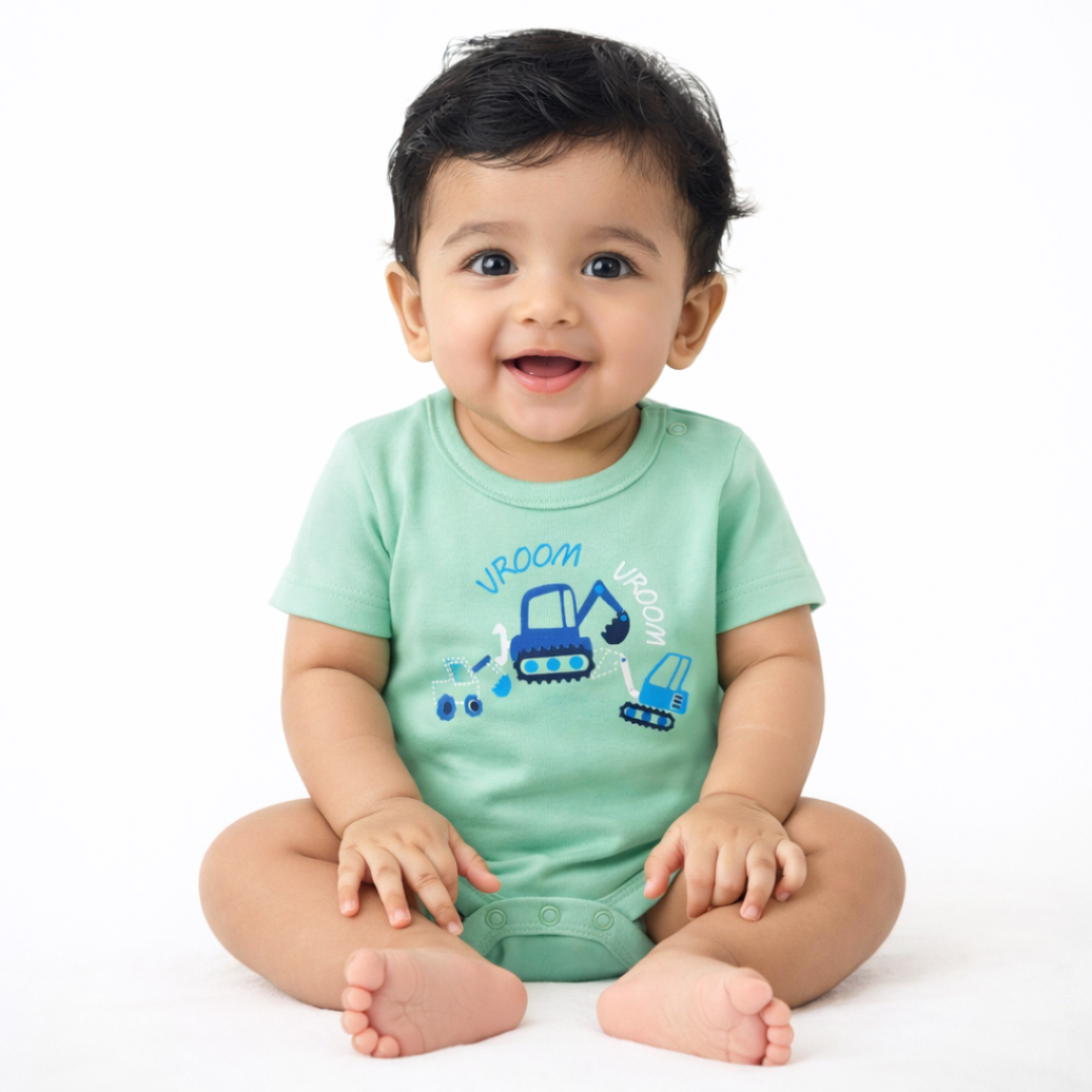 Baby Boys Cotton Star & Excavator Printed Rompers Set (Pack of 2)