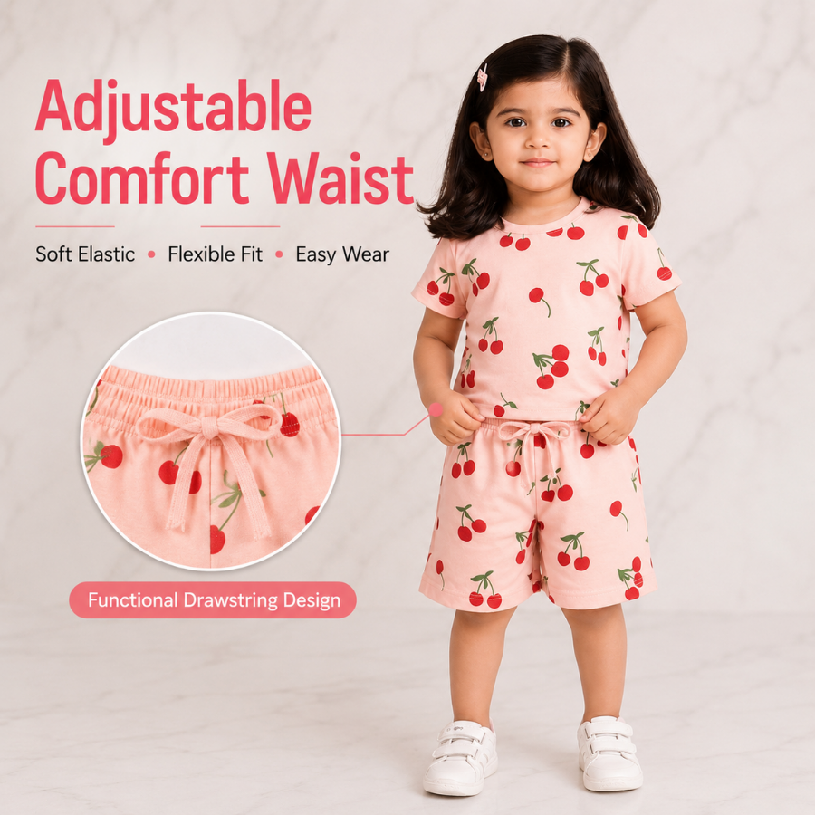 Cherry Print Co-ord Style T-Shirt & Shorts Set For Girls