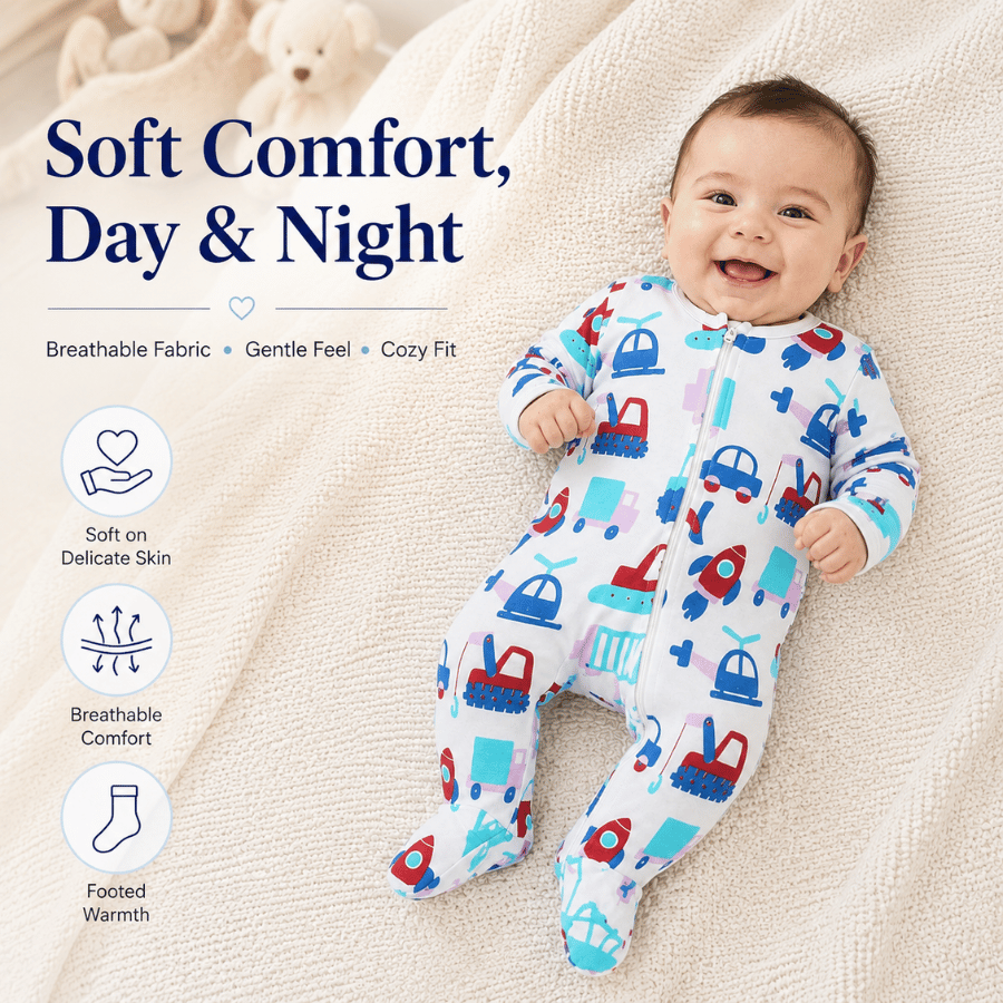 Baby Cotton Vehicle Print  Romper with Zip Closure – Full Sleeves