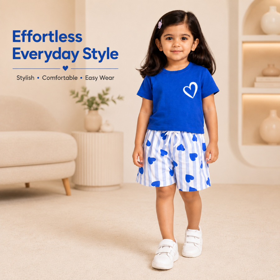 Blue Heart Print T-Shirt & Striped Shorts Set