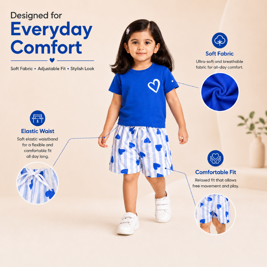 Blue Heart Print T-Shirt & Striped Shorts Set