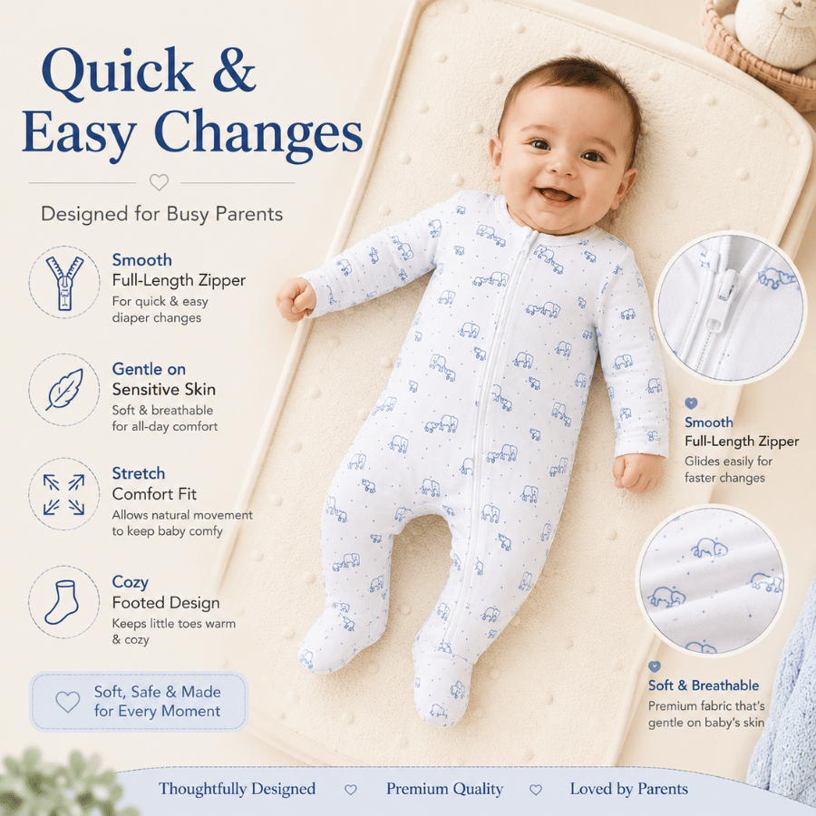 Baby Cotton Elephant Print Full Sleeve Romper with Zip Closure(Pack of 3)