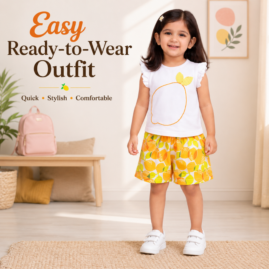 White Lemon Print Top & Shorts Set for Girls