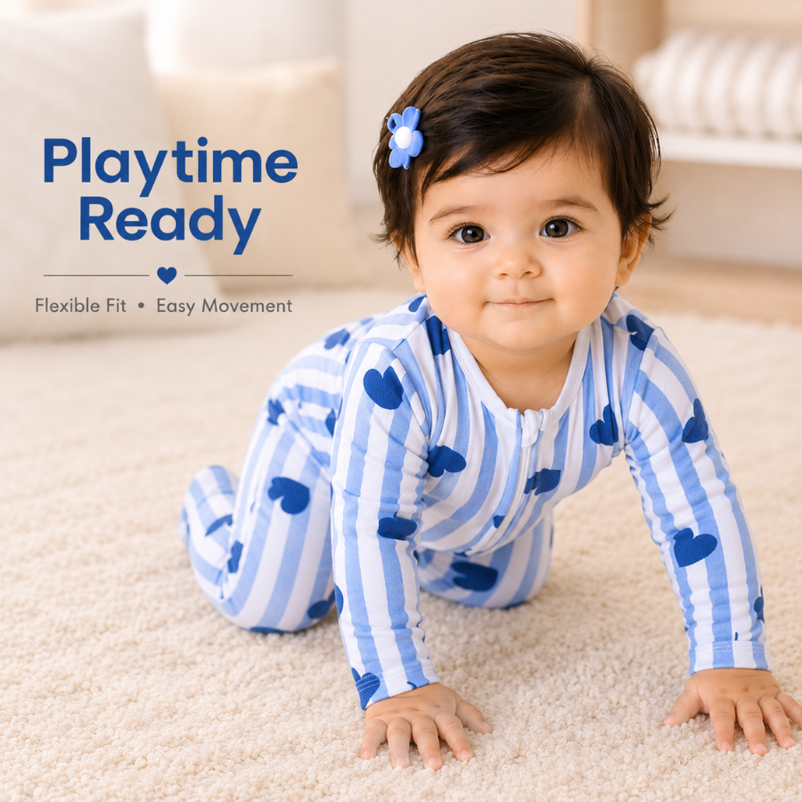 Baby Heart Print Blue & Deep Pink Zipper Rompers (Pack of 2)