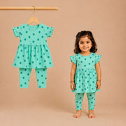 Cute Flower Print Dress With Leggings Set-Green