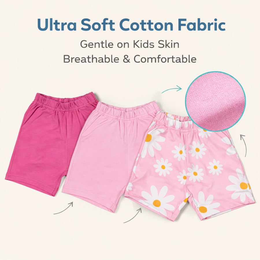 Pack of 3 Shorts – Floral Print & Solid Cotton Shorts Set