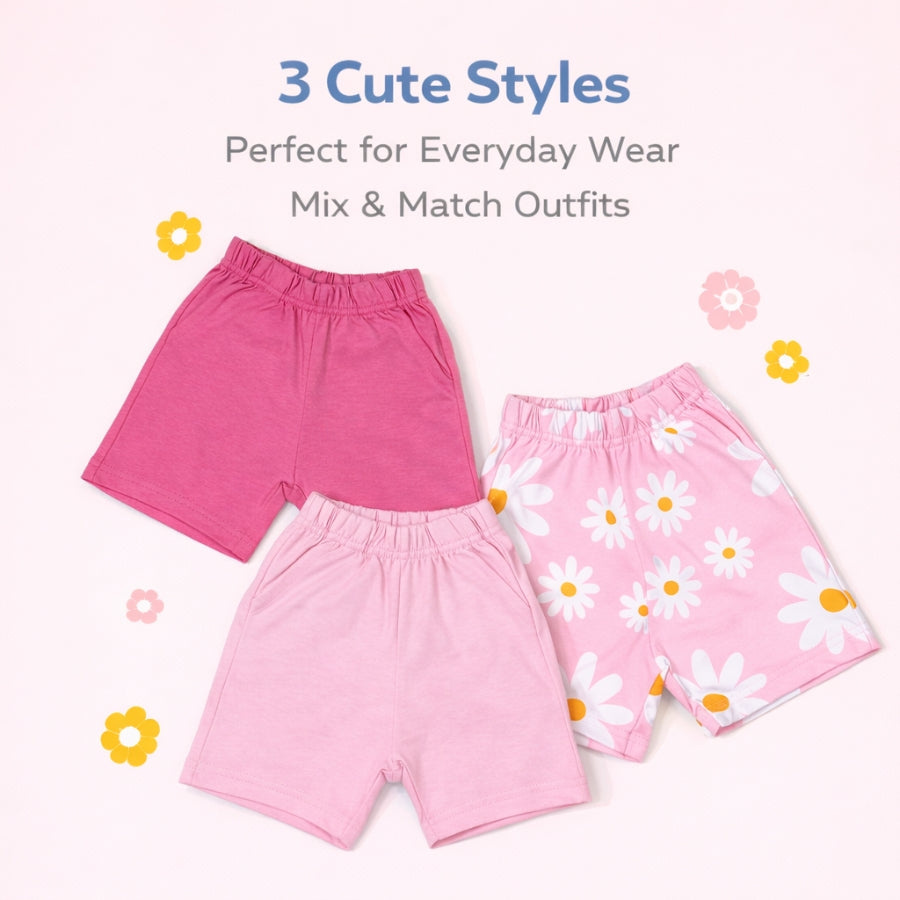 Pack of 3 Shorts – Floral Print & Solid Cotton Shorts Set