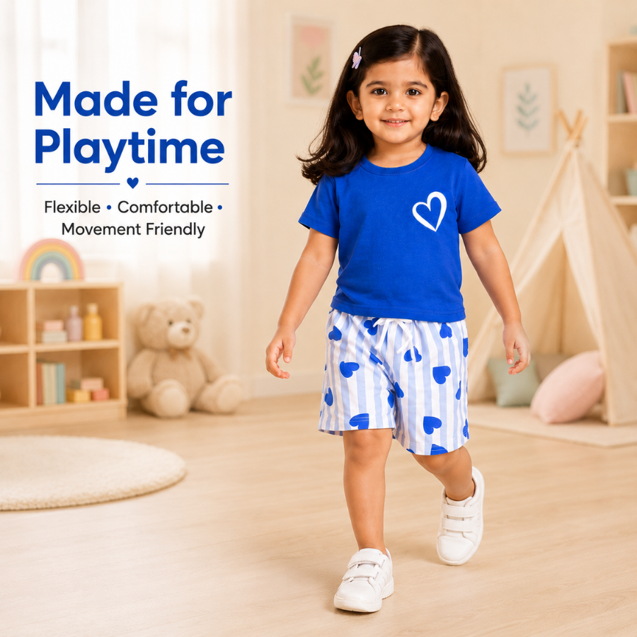 Blue Heart Print T-Shirt & Striped Shorts Set
