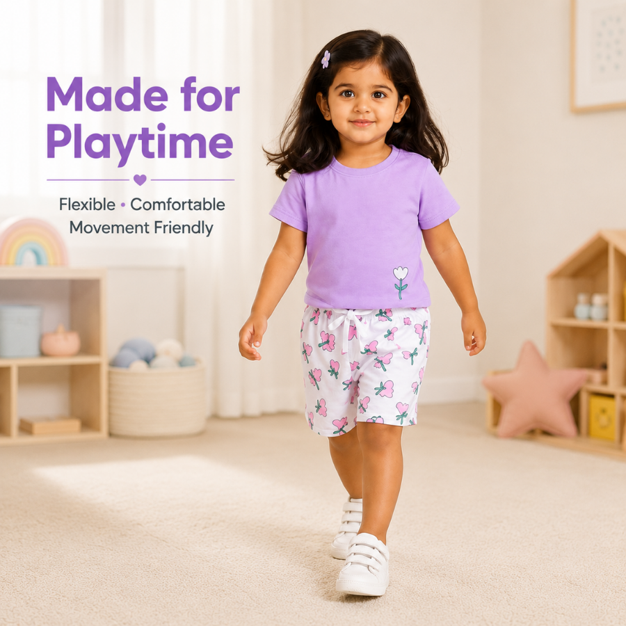 Purple T-Shirt & Floral Print Shorts Set for Girls