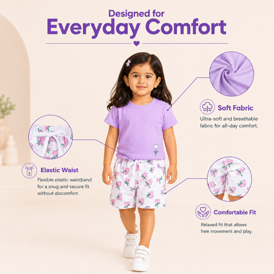 Purple T-Shirt & Floral Print Shorts Set for Girls
