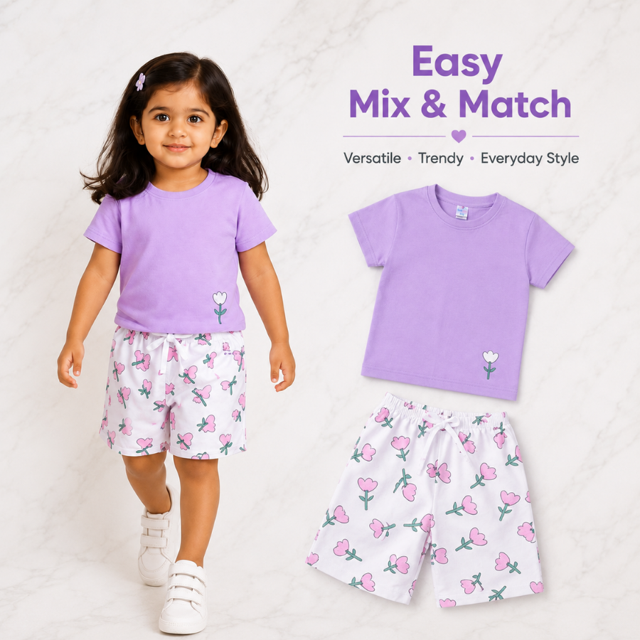 Purple T-Shirt & Floral Print Shorts Set for Girls