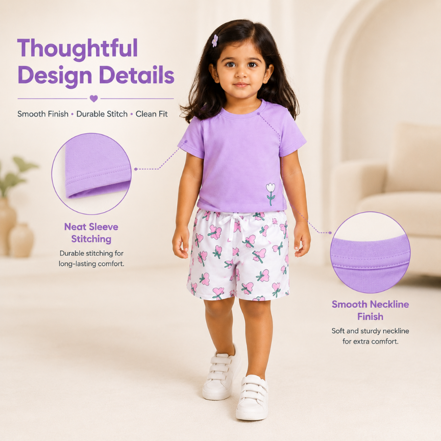Purple T-Shirt & Floral Print Shorts Set for Girls