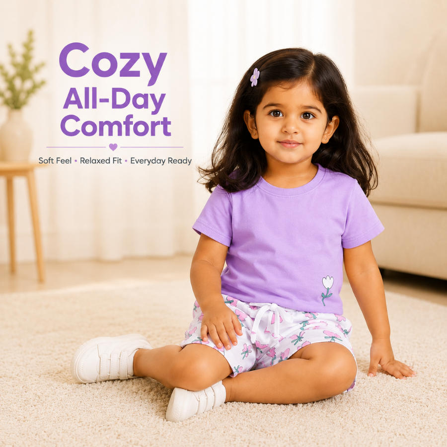 Purple T-Shirt & Floral Print Shorts Set for Girls