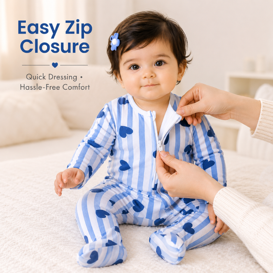 Baby Heart Print Blue & Deep Pink Zipper Rompers (Pack of 2)