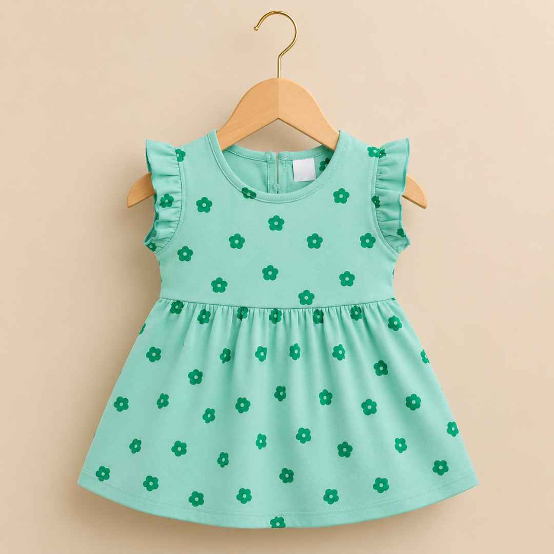 Green Floral Print Dress with Frill Sleeves