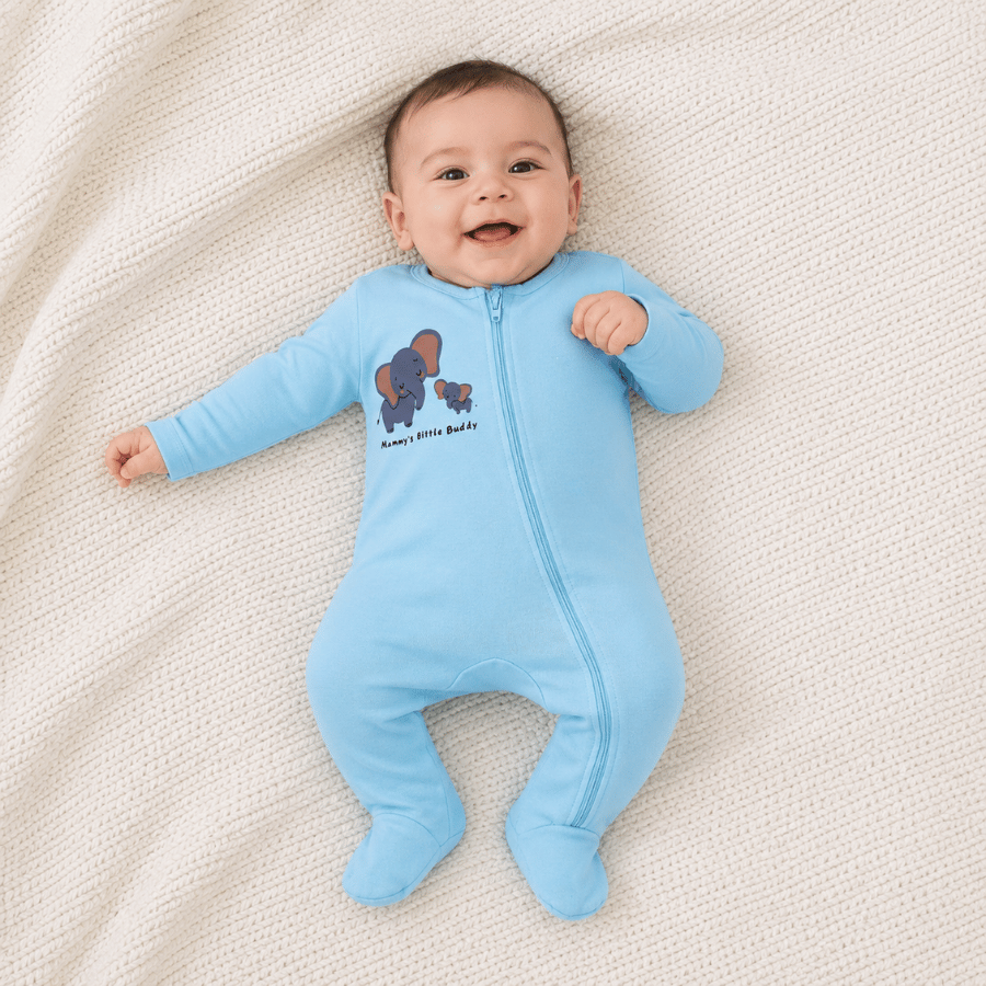 Baby 100% Cotton-Interlock Elephant Print Light Blue Full Sleeve Romper With Zipline