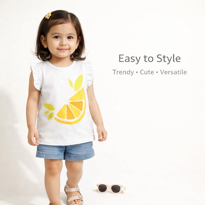 Girls Cotton Top with Citrus Embroidered Print & Ruffle Sleeves