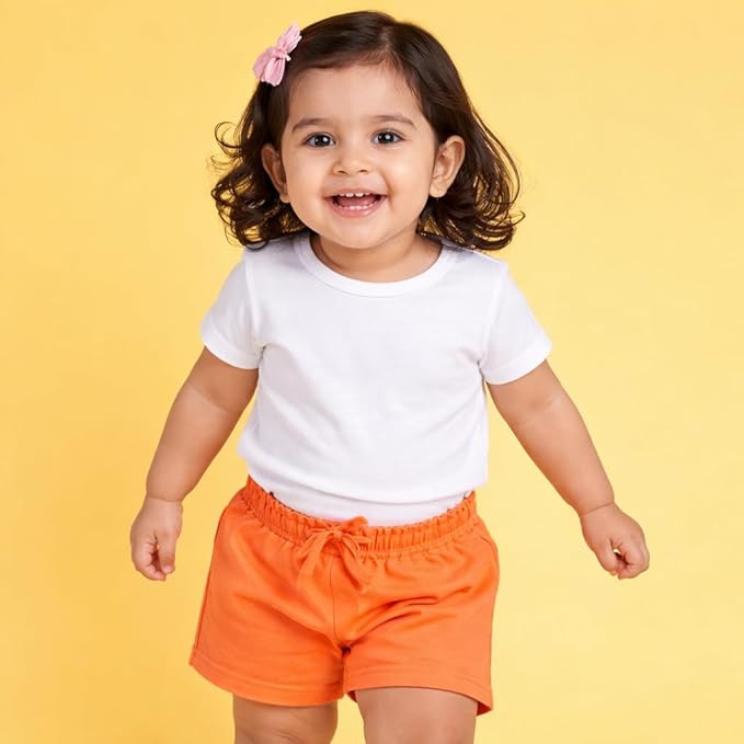 Girls Solid Cotton Shorts – Bright Coral Red Elastic Waist