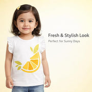 Girls Cotton Top with Citrus Embroidered Print & Ruffle Sleeves