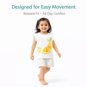 Girls Cotton Top with Citrus Embroidered Print & Ruffle Sleeves