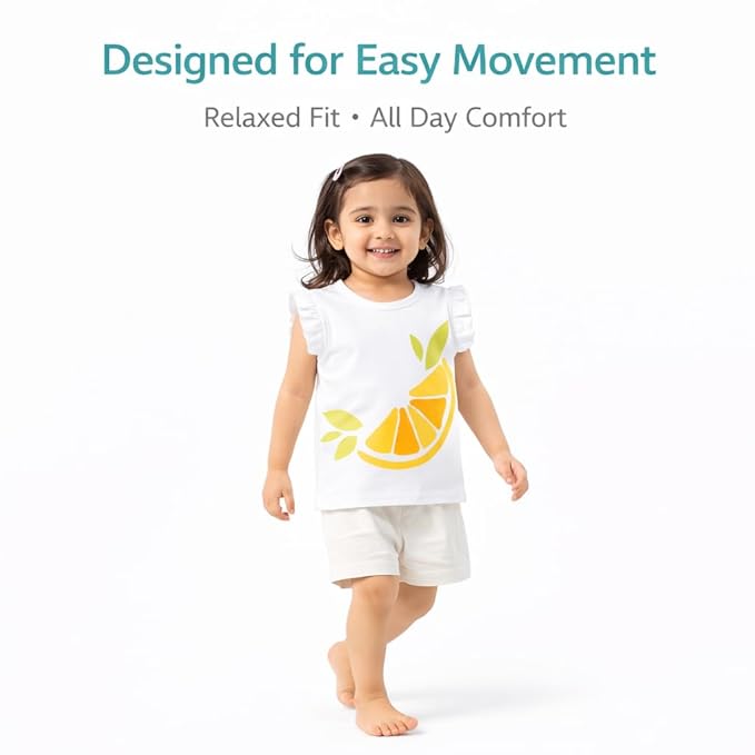 Girls Cotton Top with Citrus Embroidered Print & Ruffle Sleeves