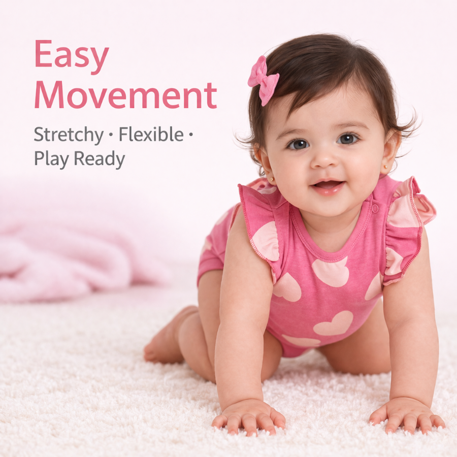 Heart Print Ruffle Sleeve Romper with Snap Closure-Pink